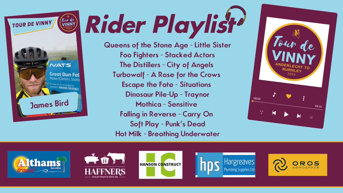 🎧RIDER PLAYLIST | Here's the second of our rider playlists, this one courtesy of @jamesbird! 🤘Some pretty punchy tunes here for a turbo session! 🔗gofundme.com/f/tour-de-vinny #twitterclarets