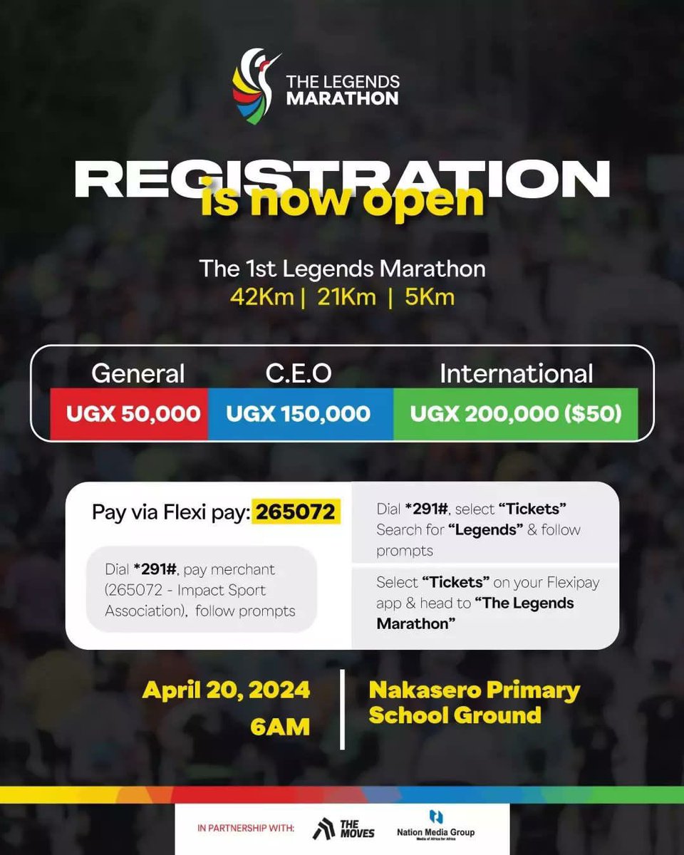 Visit thelegendsmarathon.com now and grab yourself a  ticket for the legends marathon happening tomorrow at Nakasero primary school.

#TheLegendsMarathon2024