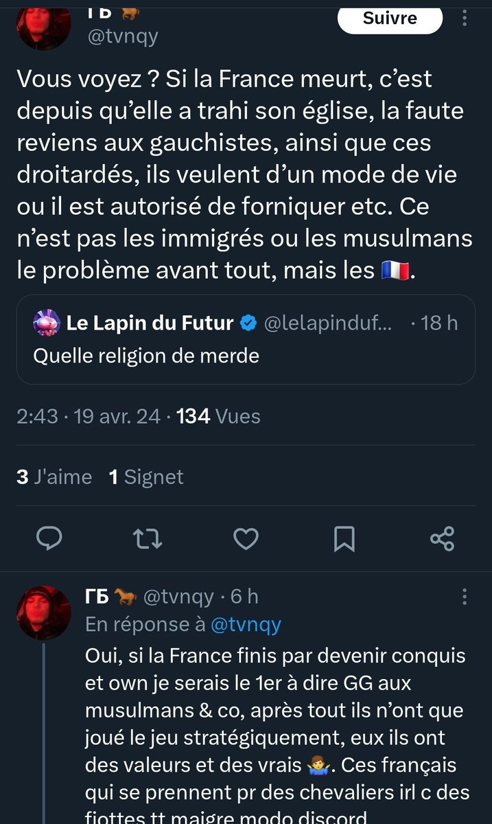 Les islamodroitards catholiques qui se félicitent de l'islamisation et qui rêvent de faire monter les 'fornicateurs' sur le bûcher : vous êtes des musulmans mentaux, vous êtes juste nés en Europe, mais votre cervelle est orientale. Bloquez-moi par pitié, je vous méprise.