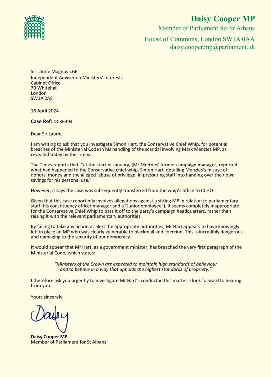 It’s completely shocking that the Conservative Party sat on their hands and reportedly did nothing about the Mark Menzies allegations for more than three months. It’s only right that the Conservative’s Chief Whip is investigated for potentially breaching the ministerial code.