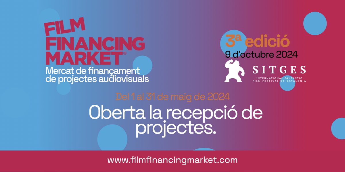 Torna el Film Financing Market! 📅 De l'1 al 31 de maig estarà oberta la convocatòria pel @filmfinancing_m, que tindrà lloc el 9 d’octubre al @sitgesfestival! 👉 Es tracta d'un mercat de finançament de projectes audiovisuals 👀 Consulta les bases 🔗 filmfinancingmarket.com