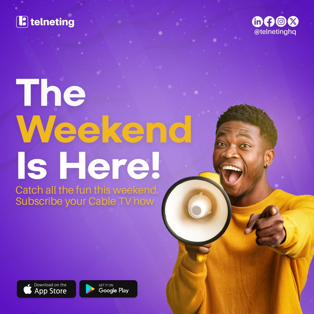 Don't miss out on any of the excitement!

Subscribe to your cable TV with the Telneting app and dive into a weekend full of entertainment.

Let the fun begin!

.
.
.

#TGIF #Telneting #CableTV #DSTV #StarTimes #GoTv.