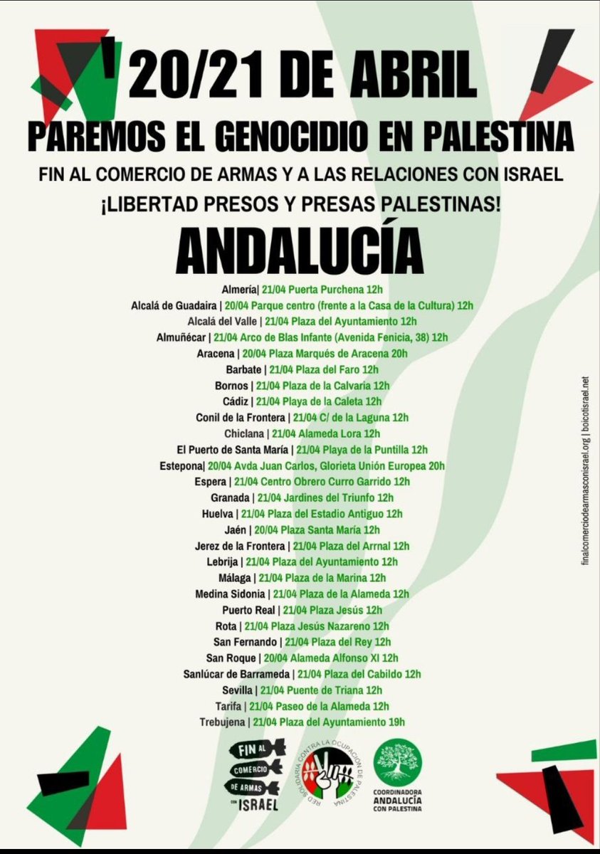 #OJO
#AlaCalle
#HayQueIr

La #RedSolidaria #ContraOcupaciónDePalestina y la #AsociaciónAl_Quds @alqudsandalucia convocan #ManifasLosDías20y21Abril en toda España bajo el lema  #ParemosGenocidioEnPalestina

#Málaga
#Domingo21Alas12_00h en #PlazaDeLaMarina
.