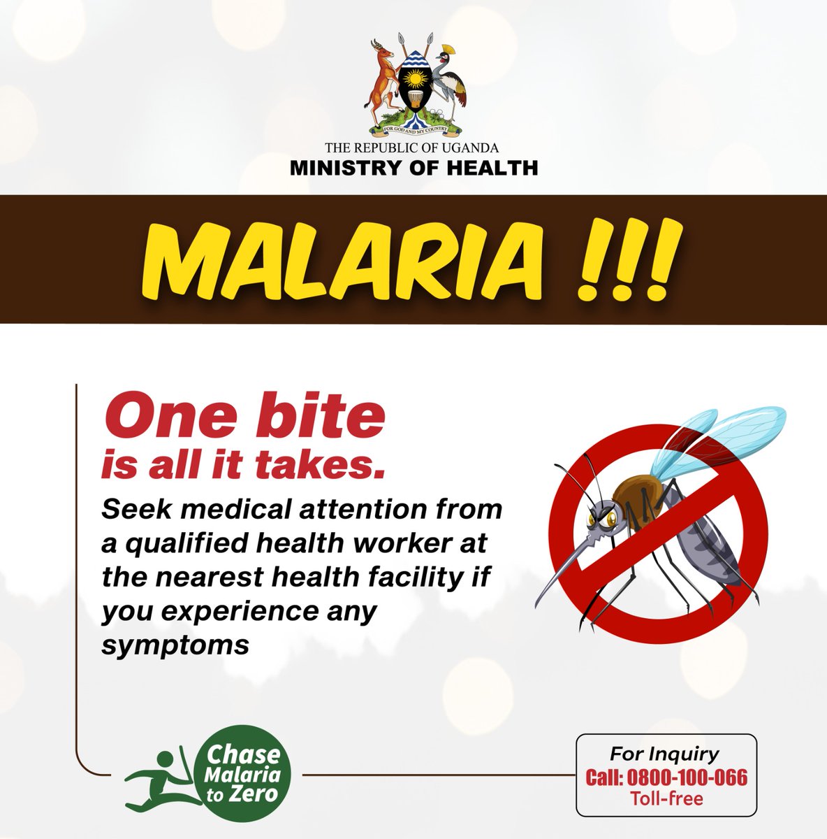 @MinofHealthUG If you experience signs and symptoms of #Malaria, seek immediate medical attention from a qualified health worker at the nearest health facility. 
Do NOT self-medicate! #ChaseMalariaUG #WorldMalariaDayUG