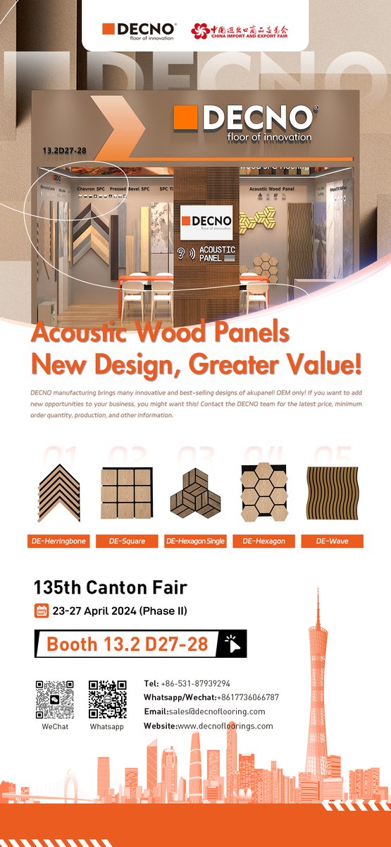 #cantonfair135, 23-27 April 2024, 4️⃣ days countdown
🟧DECNO Booth 13.2 D2️⃣7️⃣-2️⃣8️⃣ #flooringandwall
🎶Acoustic Wood Panels🎶 Fully Custom, Sound Design
#cantonfair #guangzhouexhibition #guangzhoufair #acousticwallpanels #flooring #walls