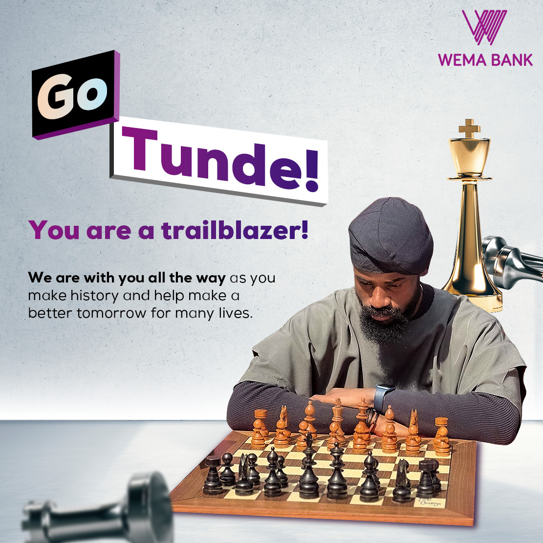 Celebrating stars is what we do best at Wema Bank. Join us in cheering on Tunde as he makes history because we're backing him every step of the way! #WemaBank #TundeMakingHistory #Tunde58hoursofChess #TundeChessMarathon @Tunde_OD
