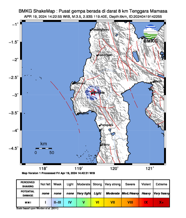 #Gempa (UPDATE) Mag:3.5, 19-Apr-24 14:22:55 WIB, Lok:2.93 LS, 119.40 BT (Pusat gempa berada di darat 8 km Tenggara Mamasa), Kedlmn:6 Km Dirasakan (MMI) III Mamasa #BMKG