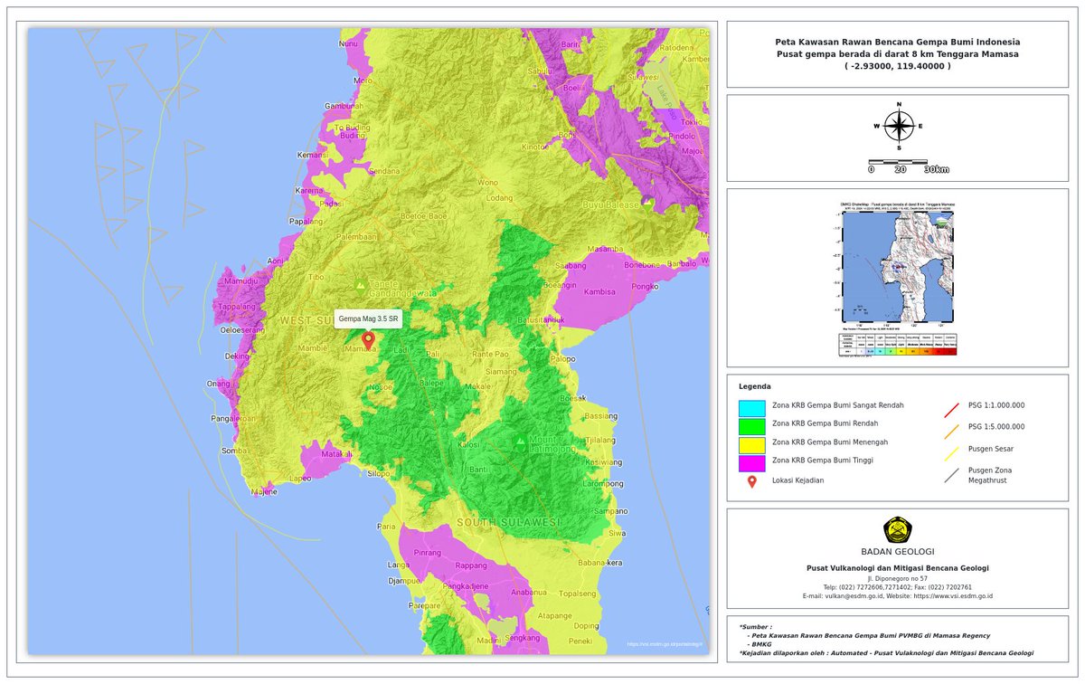 Berikut disampaikan Analisis Geologi #GempaBumi (('Pusat gempa berada di darat 8 km Tenggara Mamasa',)) pada overlay Peta KRB Gempa Bumi #PVMBG #BadanGeologi, sumber: BMKG Dibuat Secara Otomatis