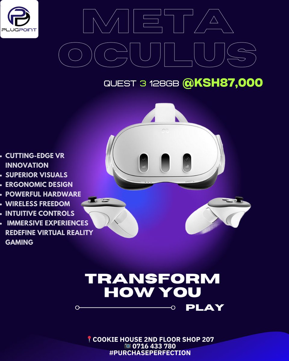 Meta Oculus Quest 3 128GB @ KSh87,000

Cutting-edge VR innovation
superior visuals
ergonomic design
powerful hardware
wireless freedom
intuitive controls
 immersive experiences redefine virtual reality gaming

📍Cookie House 2nd Floor Shop 207
📷 0716 433 780 
#PurchasePerfection