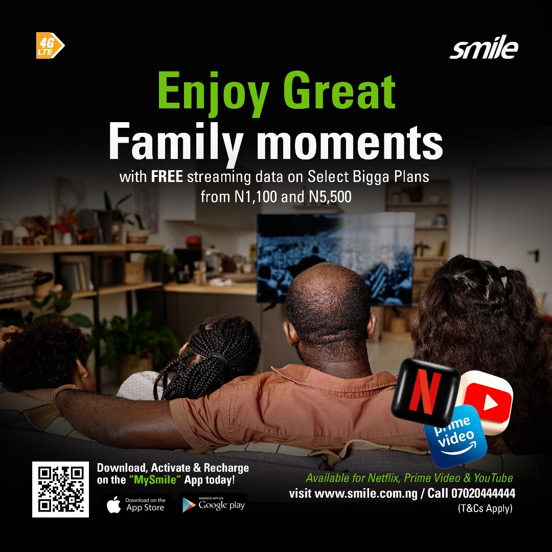 Make the most of beautiful moments with your loved ones this weekend with up to 5GB FREE streaming data when you recharge a Bigga Plan from N1,100 - N5,500 to stream on Netflix, Prime Video and YouTube. Click bit.ly/3NkeXdP to recharge now. Smile #FREE #streaming…