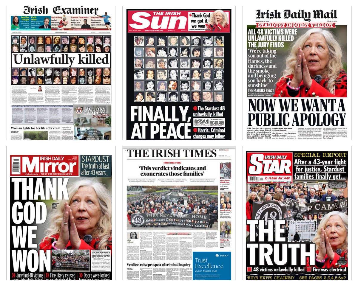 Today’s front pages leading with the verdict of unlawful killing in the Stardust fire inquest at Dublin District Coroner’s Court.