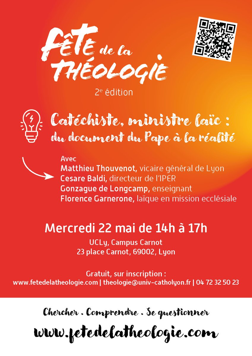 IPER_UCLy's tweet photo. Au programme de la fête de la théologie :
Table ronde  "Catéchiste, ministre laïc : du document du Pape à la réalité" suivi d'ateliers et échanges.
📅mercredi 22 mai de 14h à 17h
📍 UCLy, Lyon
👉infos et inscription : https://t.co/wuYFluvq5l https://t.co/6H60V8klfc