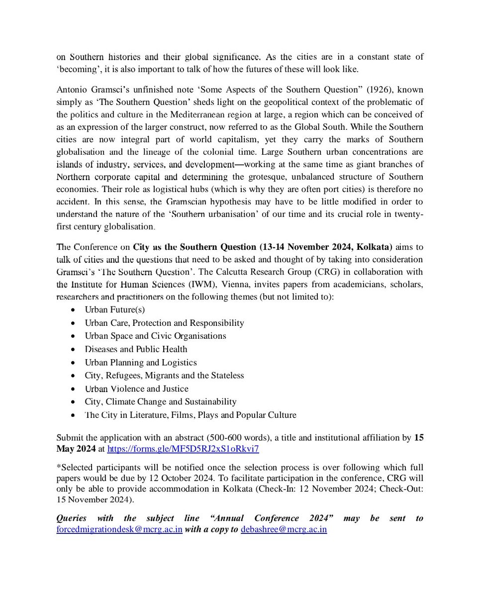Call for Applications: CRG-@IWM_Vienna Conference on 'City as the Southern Question' Apply by 15 May 2024 with abstract, title at forms.gle/MF5D5RJ2xS1oRk… #city #Gramsci #Labour #migrants #Refugees #ClimateCrisis #ghosttowns #vanishingcities #cityanthropology #urbanism #culture