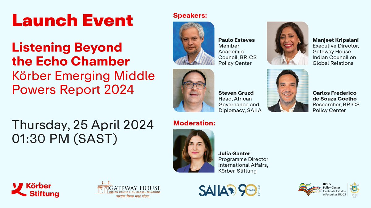 [WEBINAR] What are the foreign policy priorities for #Brazil, #SouthAfrica, #India and #Germany? How do they respond to the #BRICS, #G20 and the #Ukraine war? Find out at the launch of the Emerging Middle Powers Report 2024! Register here: saiia.org.za/event/launch-o…