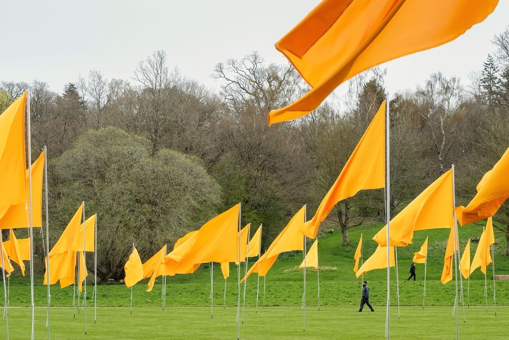 ‘OR’ - my latest landscape installation is open now at @lowther_castle Nr. Penrith, Cumbria. UK. 500 golden yellow flags add colour and movement to the vast south lawns. The installation can be seen every day until 6th May. instagr.am/p/C5726A-Idlv/