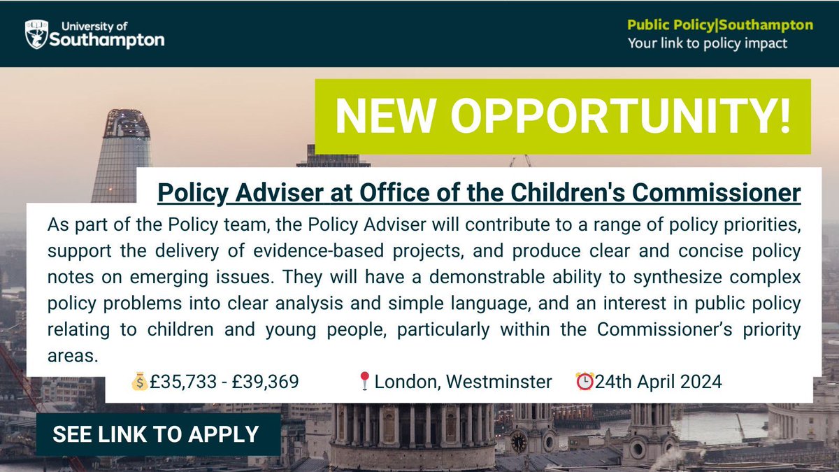 💼 Policy Adviser @ChildrensComm contribute to a range of policy priorities, support the delivery of evidence-based projects, and produce clear and concise policy notes on emerging issues. 👉 buff.ly/4aRPS44 #jobopportunity #policy #job