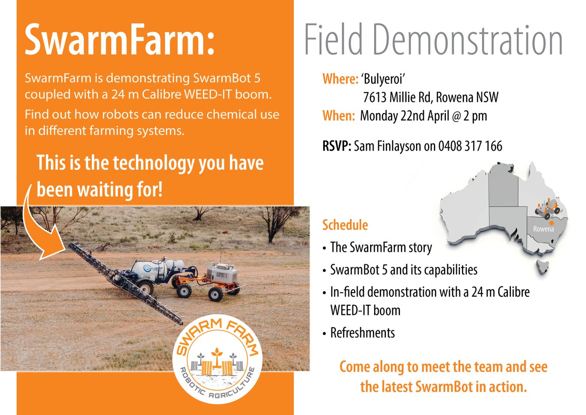 We and our partners @CalibreSpraying @WEEDITAustralia are looking forward to seeing you next Monday
📍Rowena, NSW!
If you haven't secured your spot yet, contact Sam today: 📱 0408 317 166   #FutureOfFarming #SwarmFarmRevolution #fieldday