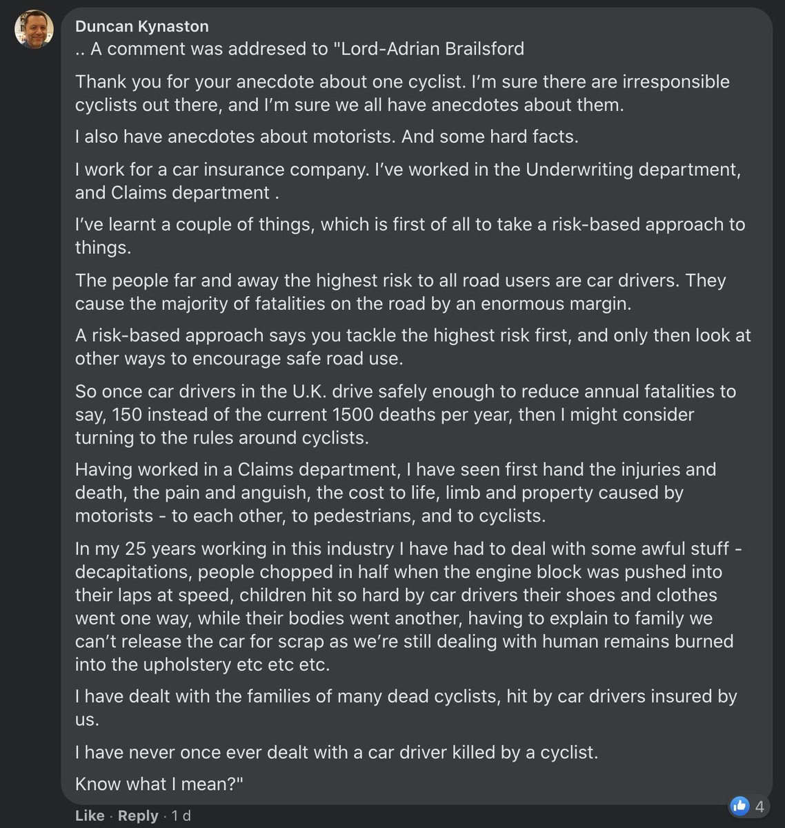 <a href="/PassPixi/">PassPixi</a> I feel you. I’ve been blue-lighted to hospital when a driver knocked me off my bike. Nasty injuries, took me a year to heal.

My wife got knocked off last year - just bruises/ scrapes but really traumatic for her.

I am reminded of a post from
a claims handler of a car insurer: