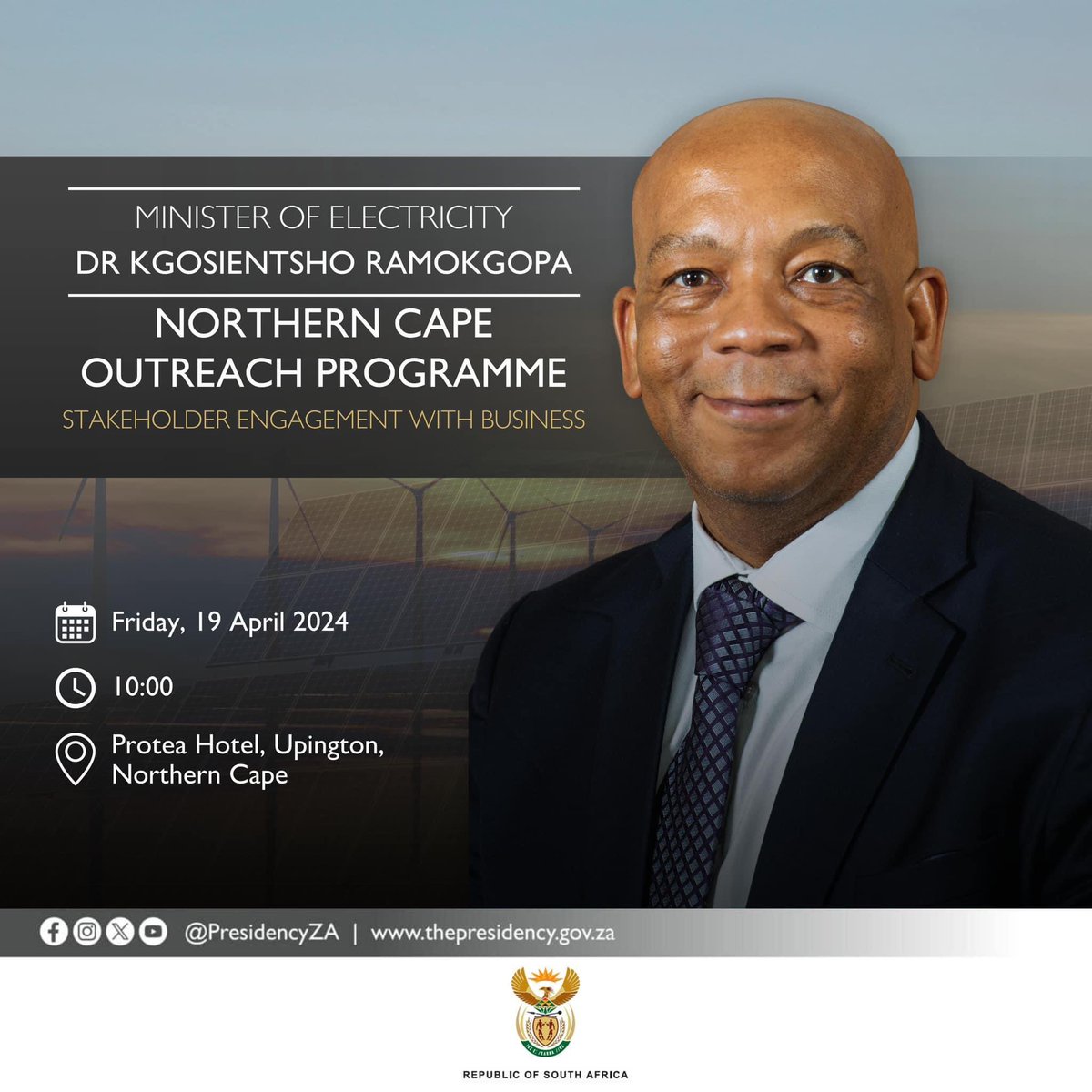 Today we are engaging with business in the Northern Cape. The outreach engagement seeks to identify areas of collaboration & partnership between the Ministry and businesses to drive innovation and sustainable solutions to land facilitate investments & growth in the energy sector