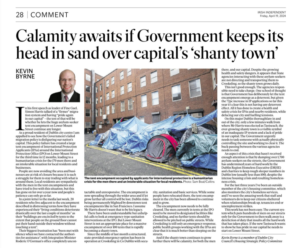I have an opinion piece in today's Irish Independent on the urgent need to deal with the growing crisis on Mount Street. Kevin Byrne: Mount Street’s ‘shanty town’ is an appalling blight on Dublin, and calamity awaits if Government continues to ignore it independent.ie/opinion/commen…