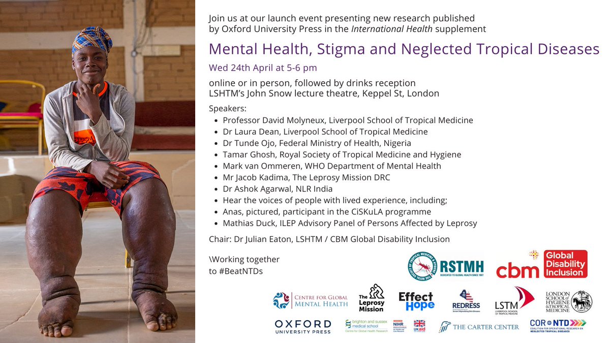 Your speakers 👥 for the launch of the supplement on mental health and stigma and NTDs in the International Health Journal of @RSTMH. Join us: 📅 Wed 24 April 🕒 5-6pm 📍London School of Hygiene and Tropical Medicine & online 💻 For More 👉bit.ly/4aXuqe3