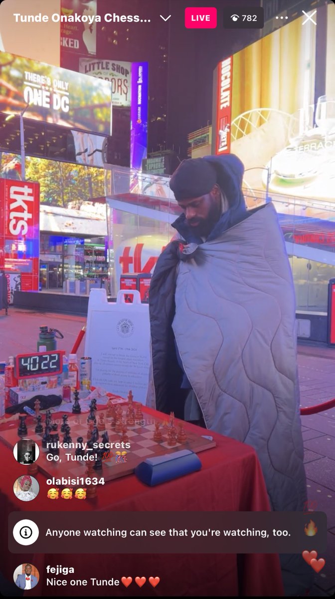 It’s official!

Tunde onakoya has played chess for 40 hours!😱

18 more hours to go, and he becomes the Guinness World Record holder for the longest time in playing chess.♟️💪🏾