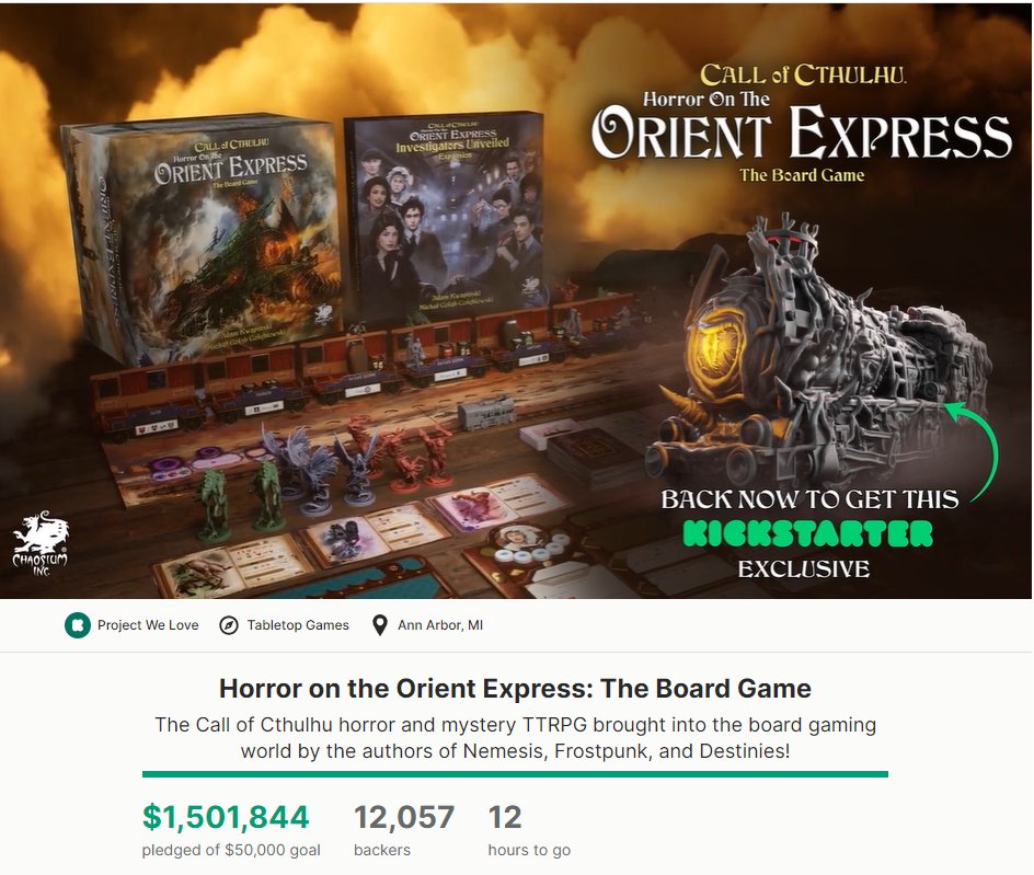 longpackgames's tweet photo. 🚂Last 12 hours ‼️ Last 12 hours ‼️ Last 12 hours ‼️
📣Last call for Horror on the Orient Express: The Board Game! Seize the final day on Kickstarter： https://t.co/6uWm0NvW8h

 #tabletopgames  #bgg  #crowdfunding #RPGGEEK #RPGG #TTRPG #DnD #DnD5e #5E #Cthulhu #Nemesis #Frostpunk https://t.co/TcqLzQ0Ymx