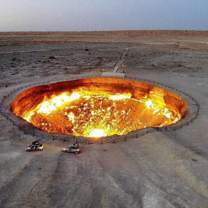 space3e's tweet image. The Darvaza gas crater in Turkmenistan, known as the “Door to Hell,” has been burning since 1971 after being ignited to prevent methane spread.