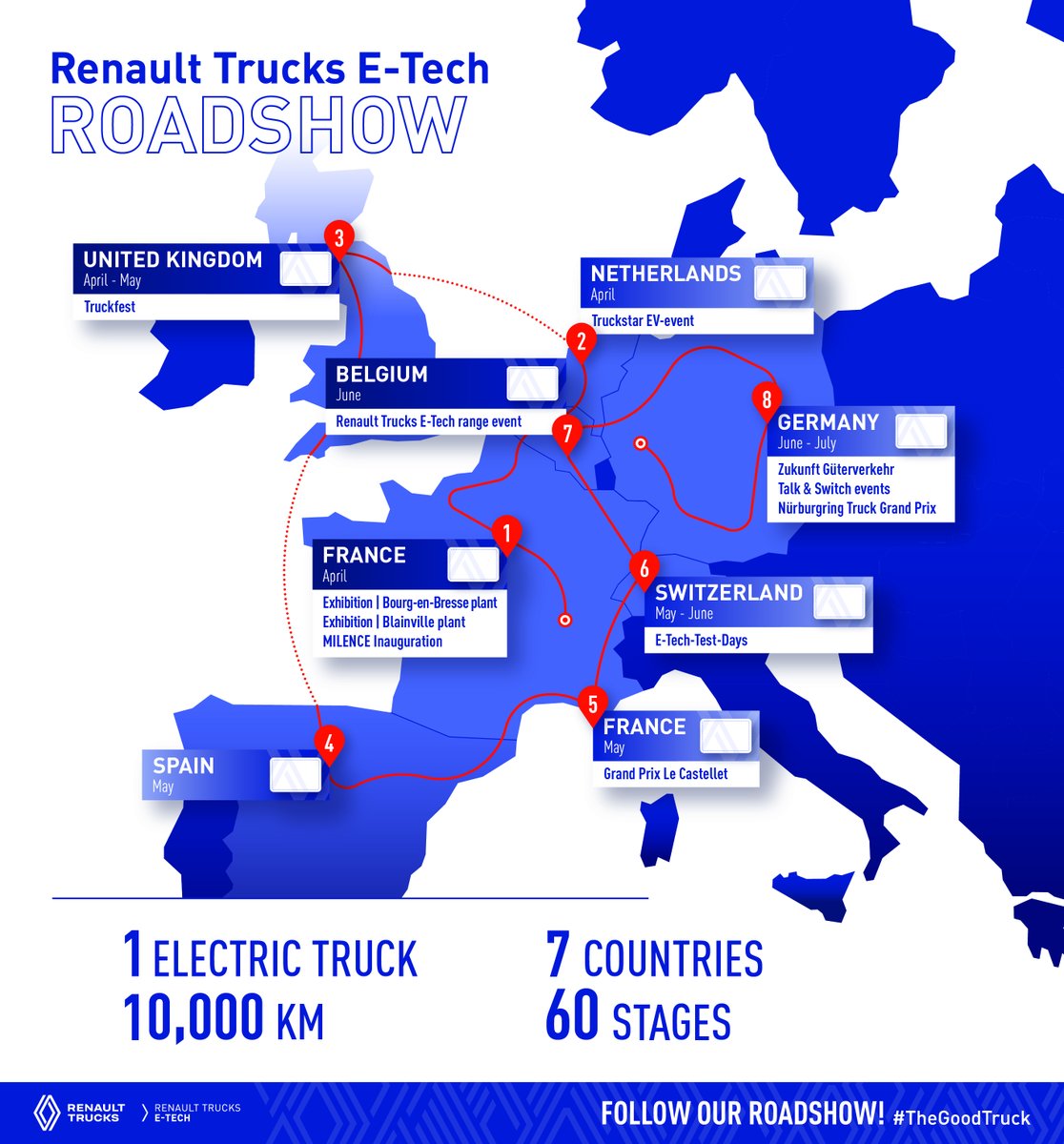 🚚 Get ready for the Renault Trucks Diamond Echo: Europe tour! ⚡ Crossing 7 countries from April 10th to July 19th, 2024, join us to see how we're redefining the future of transportation 🚛 Don't want to miss out on the Roadshow 👉 bit.ly/3w6viyb