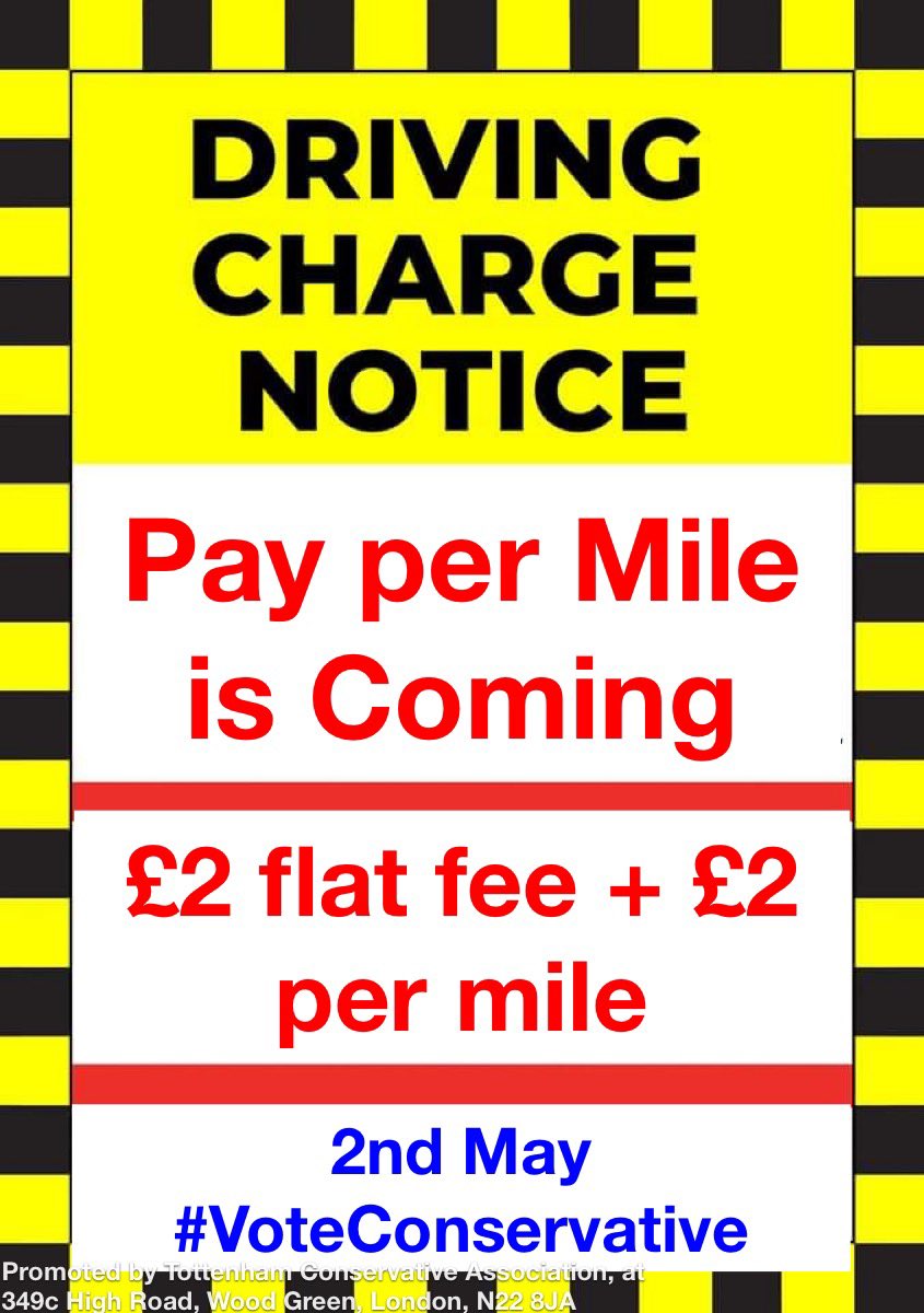 Pay-per-Mile is coming under Sadiq Khan.

£2.00 flat fee + £2.00 a mile

There is only one way to stop this. 

Vote Susan Hall for Mayor, vote Calum McGillivray for GLA, #VoteConservative 2nd May