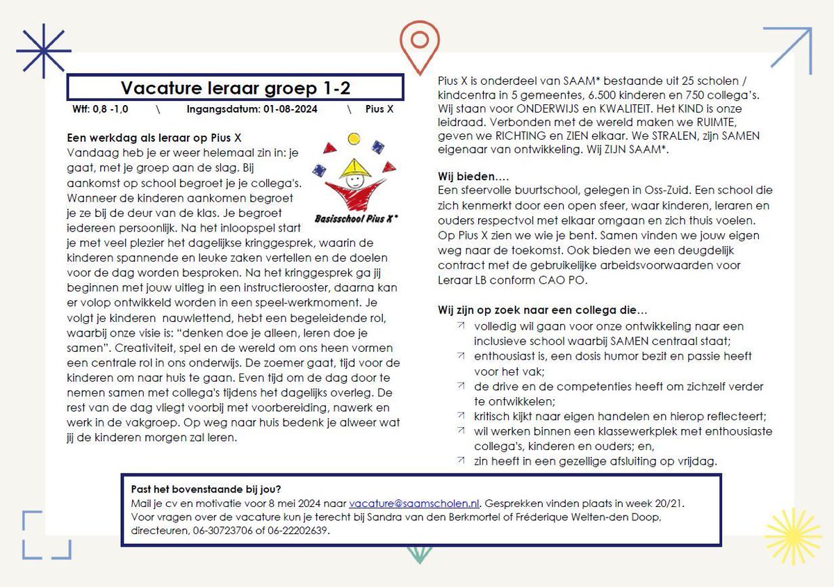 ✨ Leraar Basisschool Pius X✨ Wil jij werken op een leuke buurtschool, gelegen in Oss-Zuid. Een school die zich kenmerkt door een open sfeer, waar kinderen, leraren en ouders respectvol met elkaar omgaan en zich thuis voelen? Reageer dan op deze vacature! #PO #SAAM