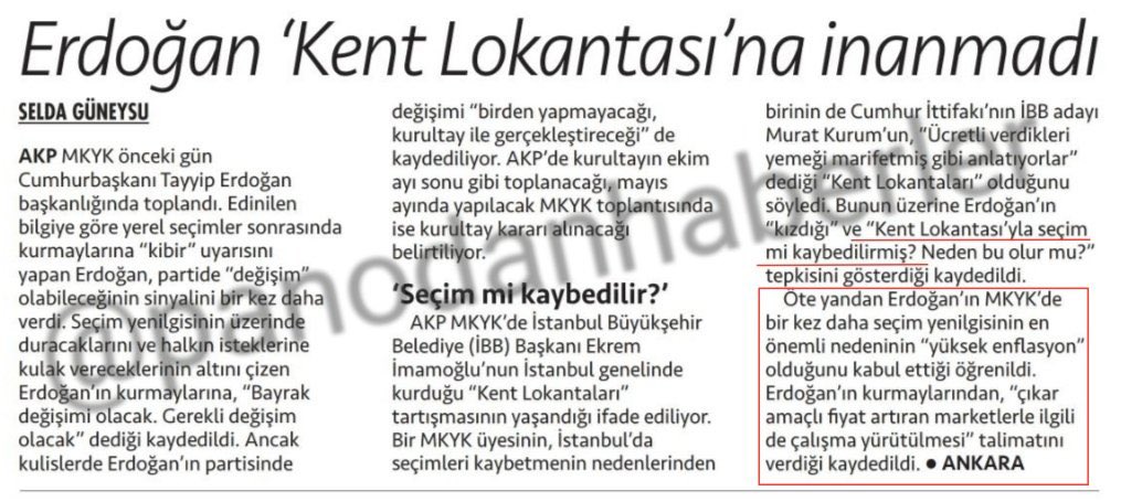 Erdoğan, seçimin kaybedilme nedenlerinden birinin “Kent Lokantası” olduğunu duyunca inanamadı: 

MKYK Üyesi: Kaybetme nedenlerinden biri, Murat Kurum'un Kent Lokantaları açıklaması. 

Erdoğan: Kent Lokantası ile seçim mi kaybedilirmiş?

Cumhuriyet-Selda Güneysu