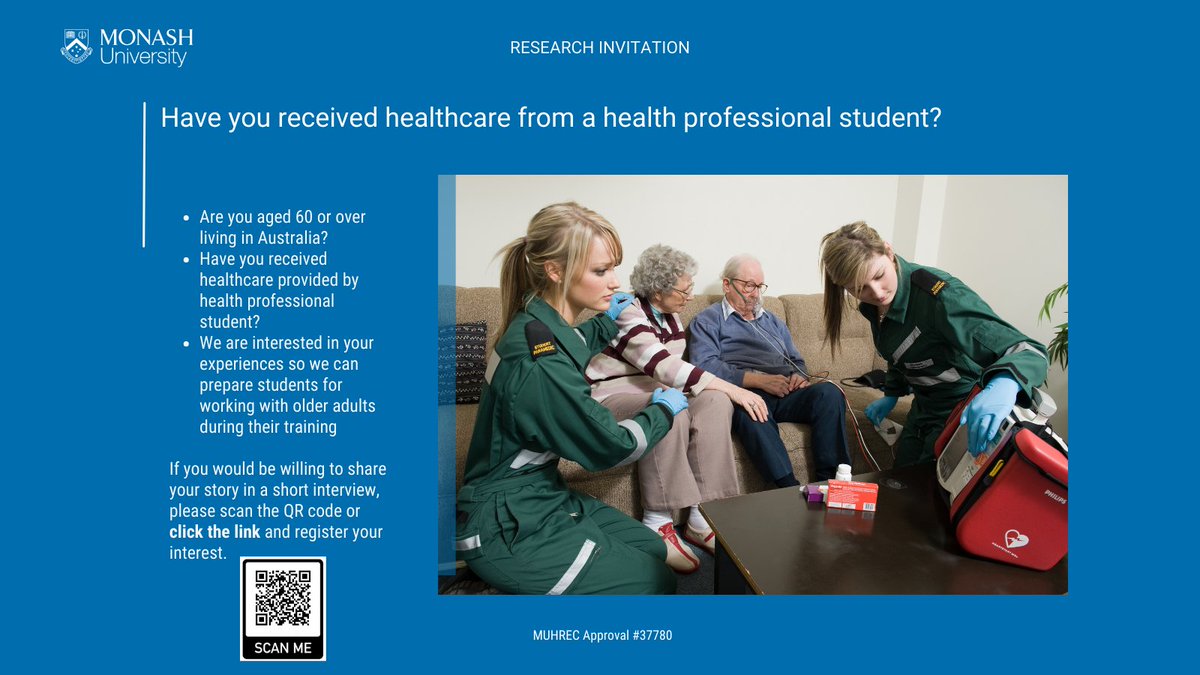 Are you in Australia, over 60 & have received care from a student health professional? Your stories can help educate future practitioners @Monash_FMNHS. Share your experience or tell others who might have stories to tell! Express interest here: monash.az1.qualtrics.com/jfe/form/SV_er…
