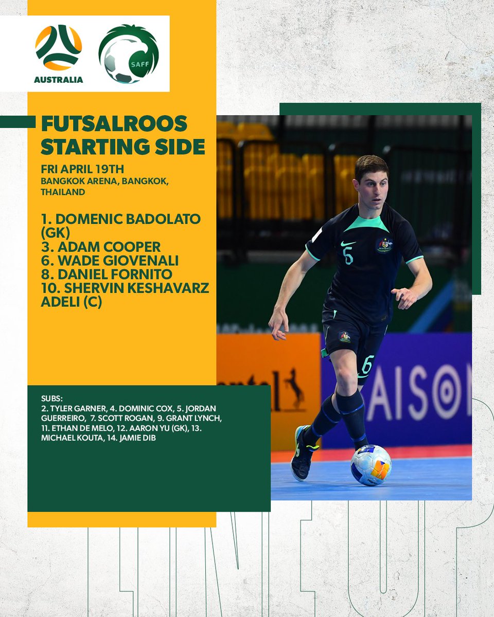 📋 STARTING LINEUP 🚨 The #Futsalroos side to face Saudi Arabia at the AFC Futsal Asian Cup tonight 🙌 🇦🇺 v 🇸🇦 - 19.4.24, 7:00pm AEST 📱💻 📺 Live Stream: youtube.com/AFCAsianCup/st…