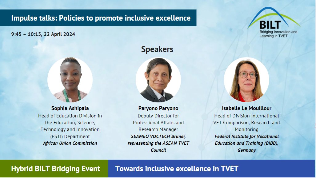 UNEVOC's tweet photo. Tune in to the upcoming #BILT Conference for Impulse Talks on ‘Policies to promote inclusive excellence’, followed by a panel discussion featuring student ambassadors and role models for #TVET.

Register here: https://t.co/wZmChKxgbX

@BIBB_de @_AfricanUnion https://t.co/NyoHNv4Jyu