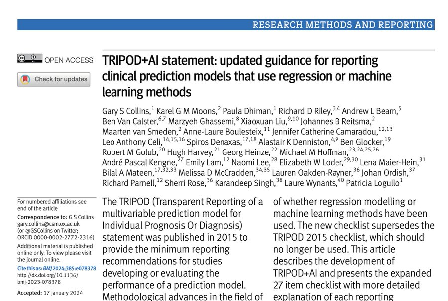 In case you missed it, already forgot about it or if you are desperately looking for reading material for the weekend: TRIPOD+AI came out this week 👇

bmj.com/content/385/bm…