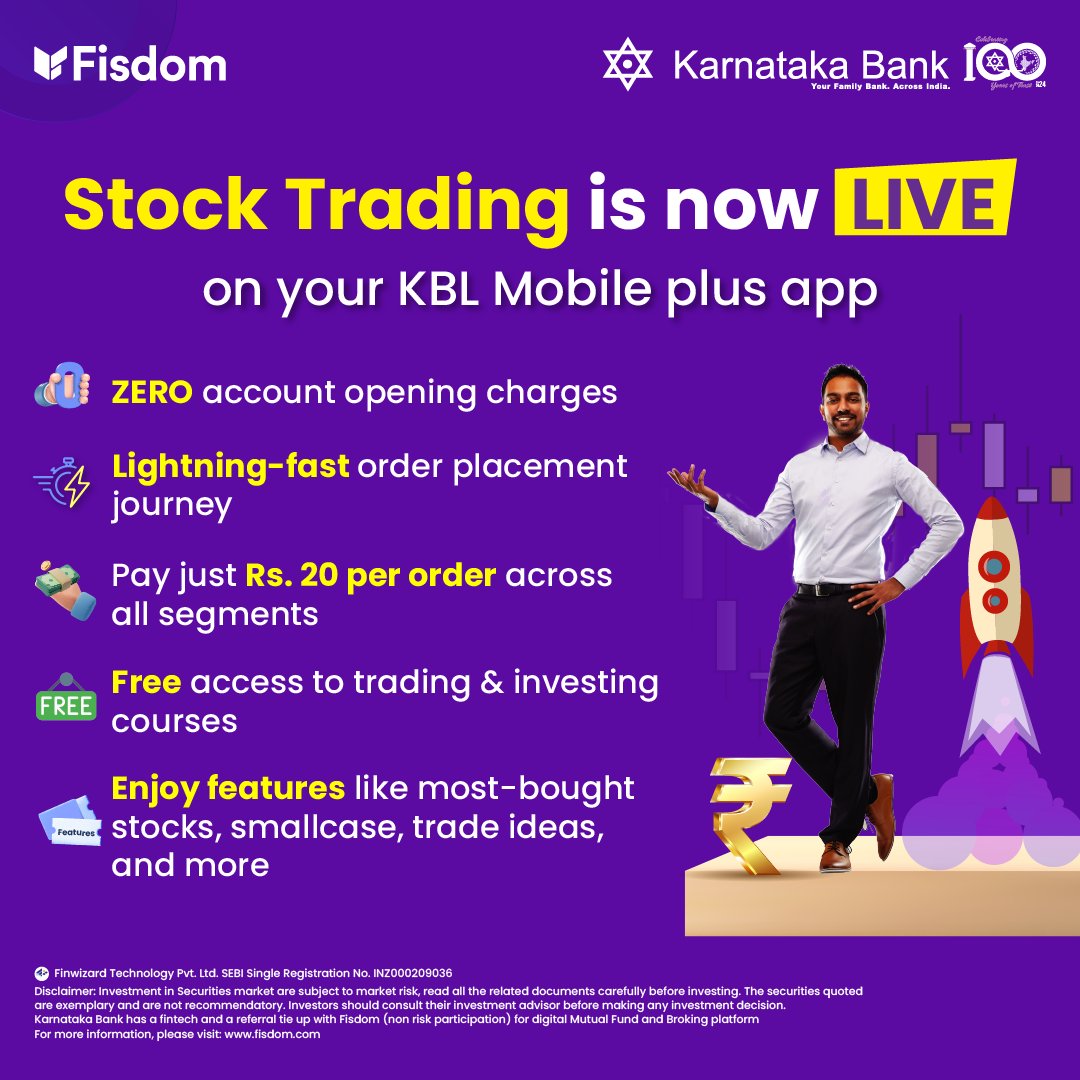Stock broking is now live on KBL Mobile Plus app. 

Start investing: bit.ly/47KDXDr

#karnatakabank #fisdom #mobilebanking #onlinebanking #digitalbanking #stock #stockbroking #banking #easybanking