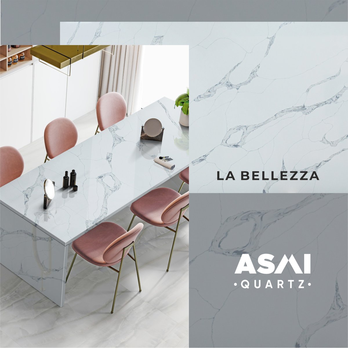 Transform your kitchen into a masterpiece with La Bellezza. Pristine white with luxurious grey-silver veins—where elegance meets functionality. 
#HomeDesign #luxury #innovation #kitchendesign #architecture #design #SummerVibes #interiors #quartz #kitchencountertops