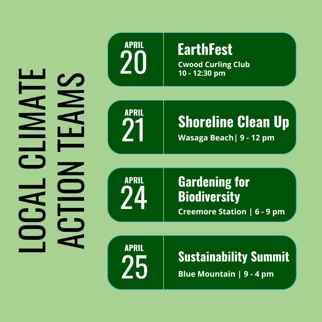 Join us in celebrating #EarthDay by taking action in your local community! Four inspiring #ClimateAction teams have been hard at work, and now it's time for YOU to get involved.  #CommunityEvents #GetInvolved @gogreen4blue @collingwoodclimateaction @wasagaclimateactionteam