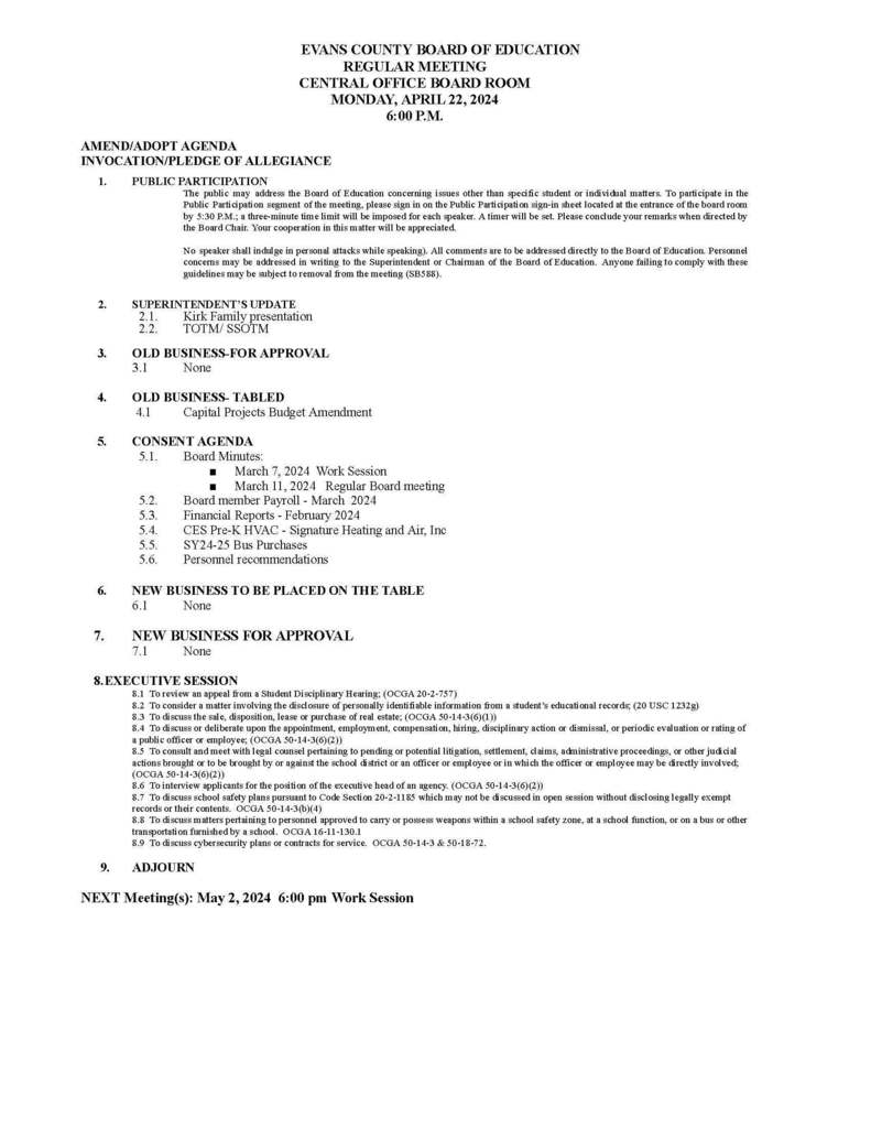 ECCSS Regular Board Meeting
Monday, April 22, 2024  6:00pm
District Board Office