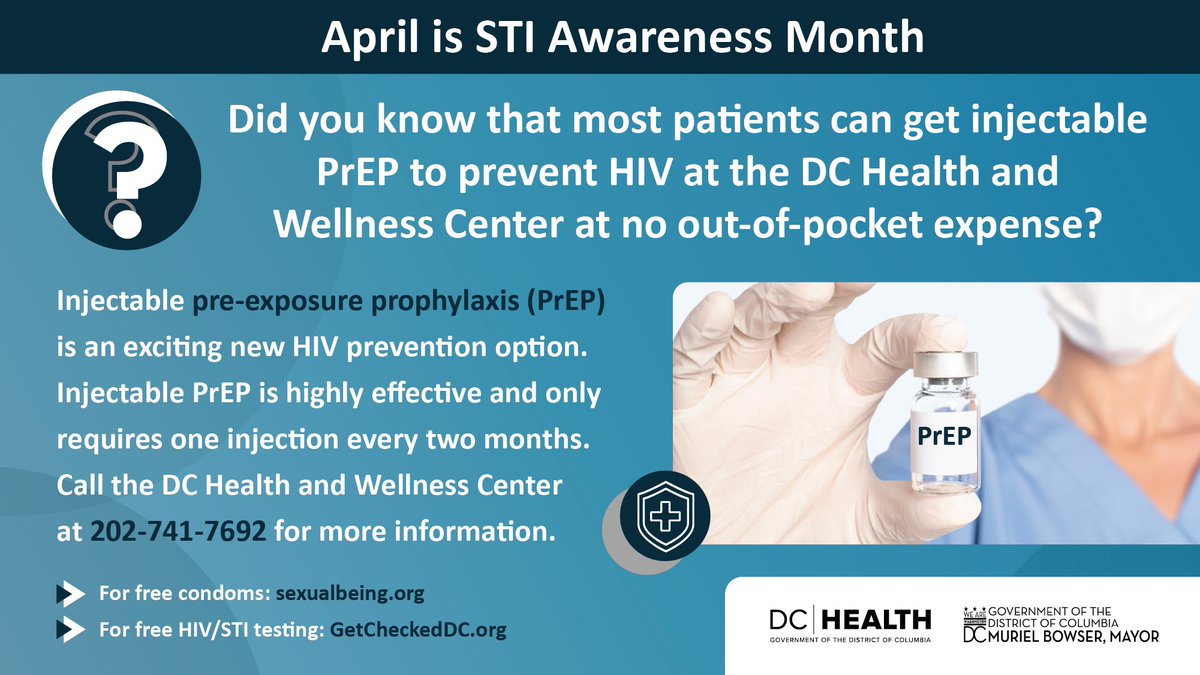 Injectable PrEP is a great way to protect you and your sexual partners from HIV. Injectable pre-exposure prophylaxis (Prep) is an exciting new HIV prevention option. It requires one injection every two months. Call the DC Health and Wellness Center at 202-741-7692.