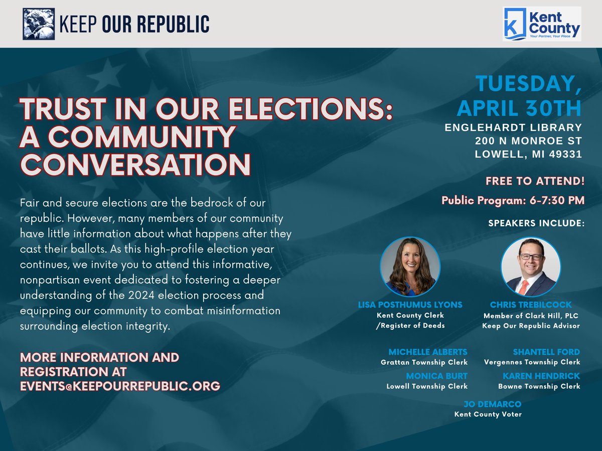 Have questions about your elections in Kent County, MI? 🇺🇸 Join KOR for a FREE Community Conversation on April 30 in Lowell. Hear from local Township clerks, election leaders and @KentCountyClerk about the election process & how to combat misinformation #KentCounty #Michigan