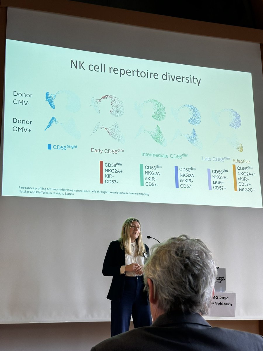 Prof @ebba_sohlberg NK cell expert @karolinskainst GREAT TALK! Educates on adaptive NK cells/restricted by a single KIR/returns to “missing self” hypothesis/HLA-C mismatch unleashes killing/Developed GMP alloreactive ADAPT-NK #TIMO2024 @sitcancer HLA-E checkpoint conversion