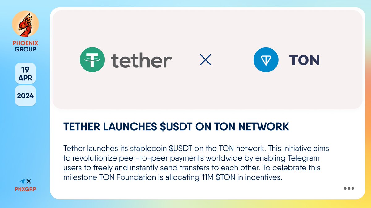 🔥 @Tether_to launches $USDT on @TON_blockchain. #Tether launches its stablecoin $USDT on the #TON network. This initiative aims to revolutionize peer-to-peer payments worldwide by enabling @Telegram users to freely and instantly send transfers to each other. To celebrate this