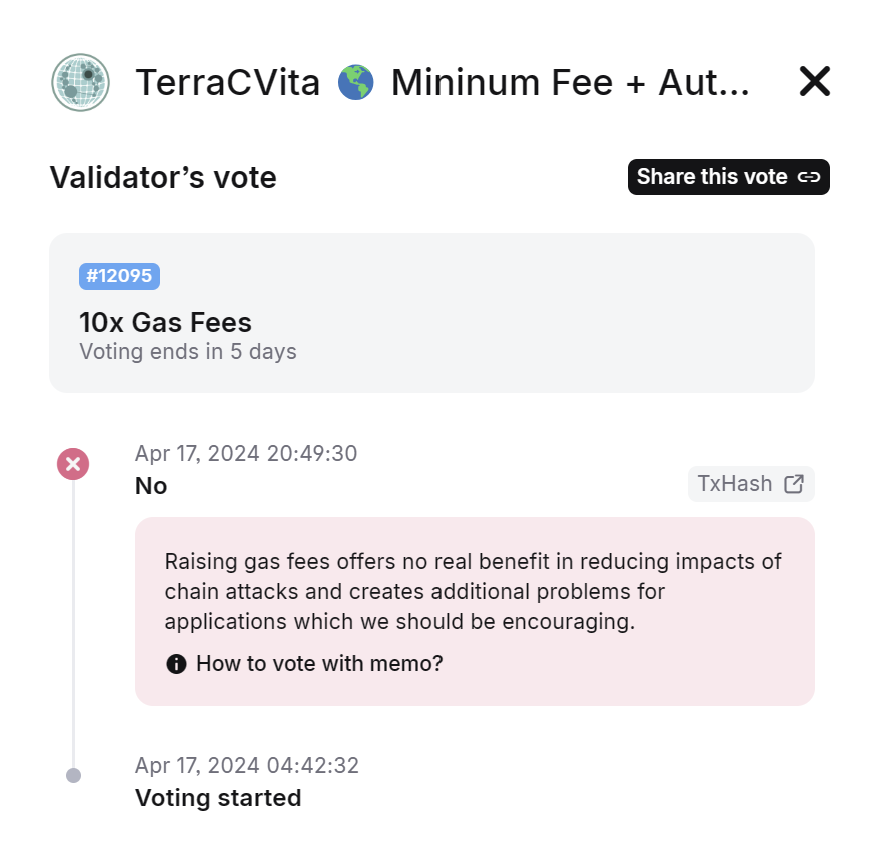 Low gas fees are a benefit to $LUNC lets not destroy the things our chain leads on. @TerracVita votes 'NO' on increasing gas fees in support of maintaining chain competitivity and supporting building.