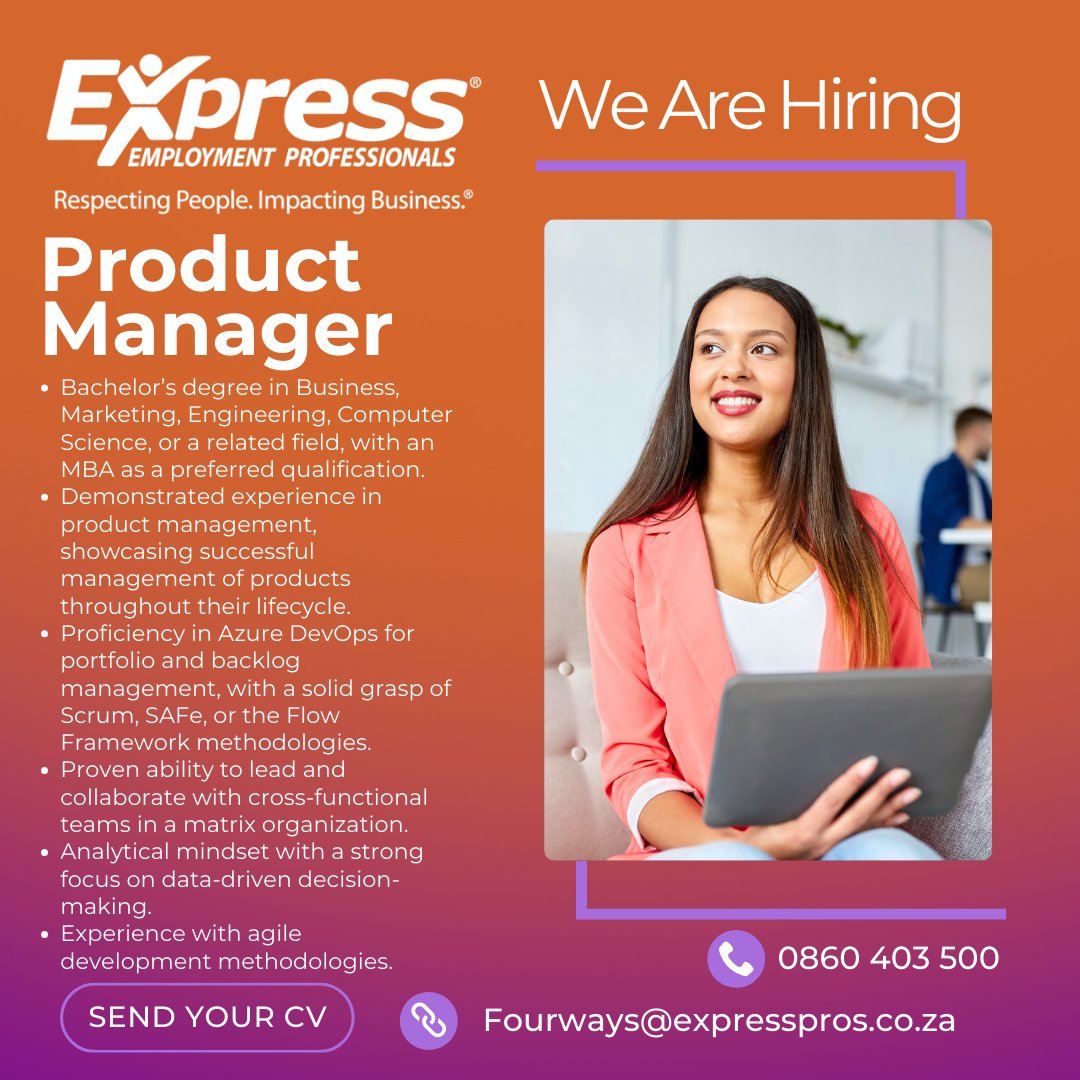 🌟 NEW VACANCY ALERT! 🌟
Position: Product Manager
Location: Centurion
Join our team! 
📧 Email: Fourways@expresspros.co.za
📞 Tel: 0100356595
#ProductlifecycleJobs #AzureDevOpsJobs #ProductManager
#JobOpportunity #ExpressProsFourways #FourwaysAlways #StaffingExperts