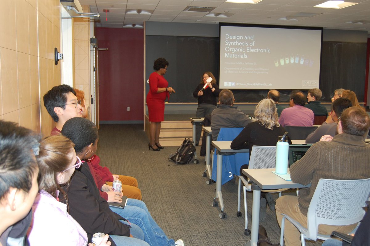 ChemProfFarkas's tweet photo. Big shout-out to Prof. Malika Jeffries-El (BU) for coming to UMass as Chemistry’s first PPG Diversity in STEM speaker!! Fantastic seminar @Chem_Diva!! @UMassChemistry #WellesleyAlums https://t.co/DA1yg4GIDy