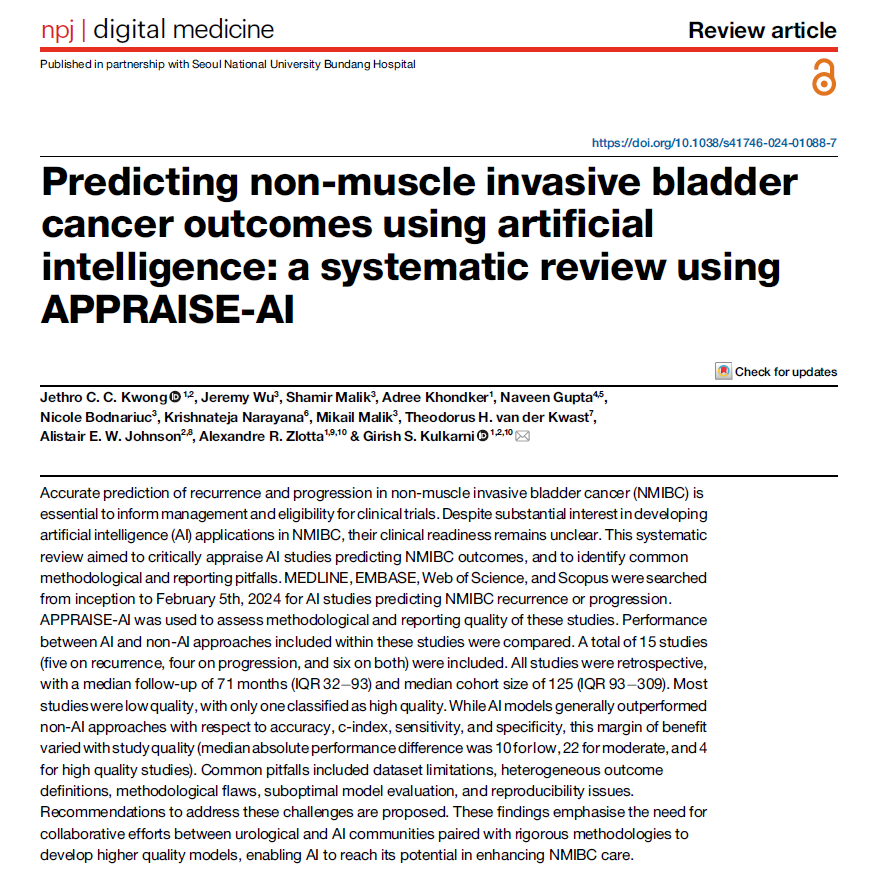 Despite interest in developing #AI tools to predict non-muscle invasive #bladdercancer outcomes, only 1 study in the last 20 years was rated high quality based on APPRAISE-AI. This review provides recommendations to address common issues in these studies.

nature.com/articles/s4174…