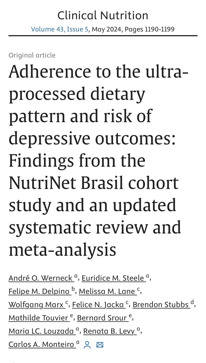 V cool paper by visiting research @Andreowerneck Cohort of 15k adults measuring ultra processed food & incident depressive symptoms suggest a 10% ⬆️UPF consumption =~10% ⬆️ depr sympt Meta-analysis of 6 cohort studies confirms relationship sciencedirect.com/science/articl… @xandvt