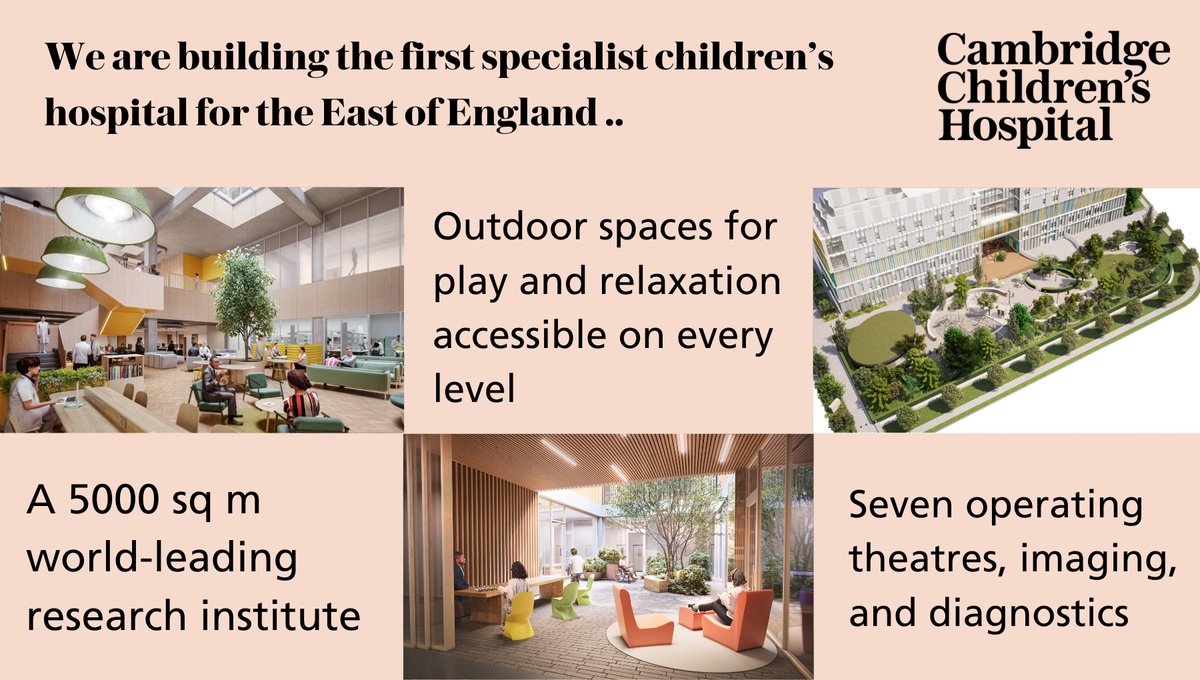 Children, families and staff tell us fresh air is vitally important for wellbeing. @CambChildrens will have lots of green spaces, alongside a research institute focusing on childhood disease, diagnosis and treatment. It's #AWholeNewWay of providing care👉cambridgechildrens.org.uk